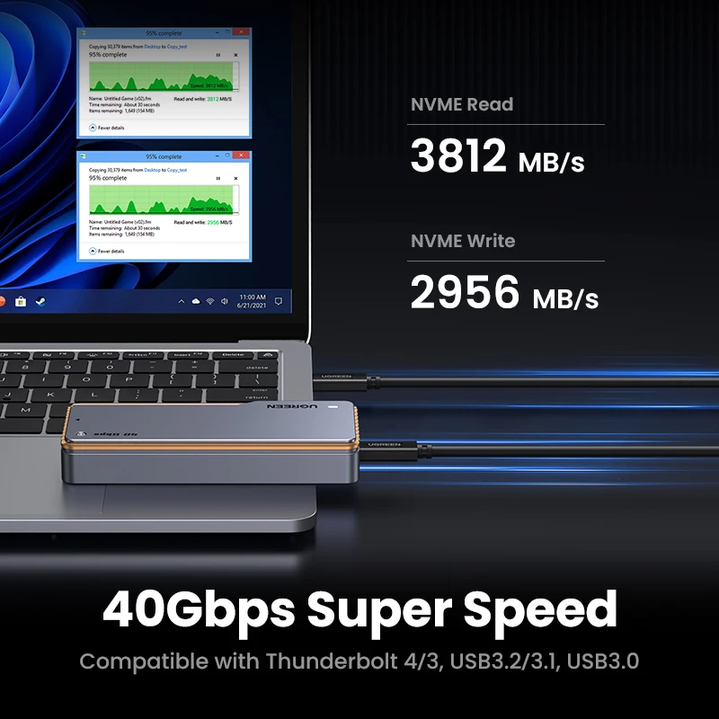 UGREEN 40Gbps NVMe SSD 케이스 SSD 인클로저 M.2-M.2 NVME PCIE용 USB4.0 어댑터 내장 냉각 조끼 알루미늄 케이스