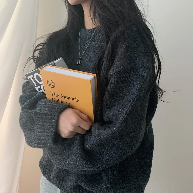 진짜 샷 두꺼운 스웨터 겨울 새로운 한국 스타일 유휴 스타일 솔리드 심플하고 다재다능한 긴 소매 라운드 넥 풀오버 니트 