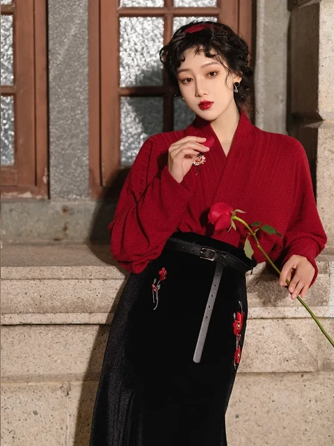 Red Aircraft Sleeves Song System Commuting Daily Hanfu Hong Kong Wind  Atmosphere Sense Han Elements Knitted Sweater - AliExpress