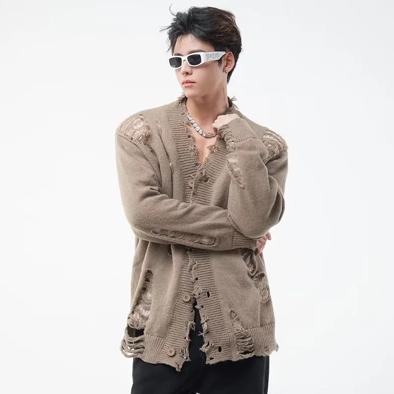 Description Picture 5 of itemY2K Men Cardigan Japanese Harajuku Hole Single Breasted Sweater Jacket Fashion V-neck Streetwear Couple High Street Knitted Coat