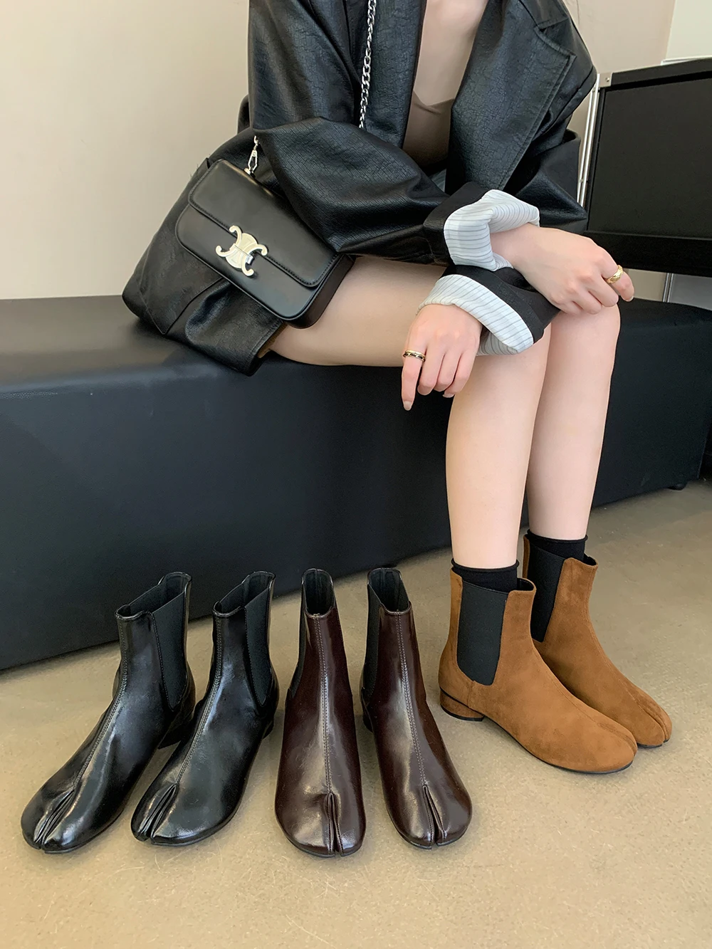 

Clip Toe Women Ankle Boots Black Brown Caramel Fashion Short Booties Flat Low Heels Elastic Band Slip On Dress Shoes Woman 35-39