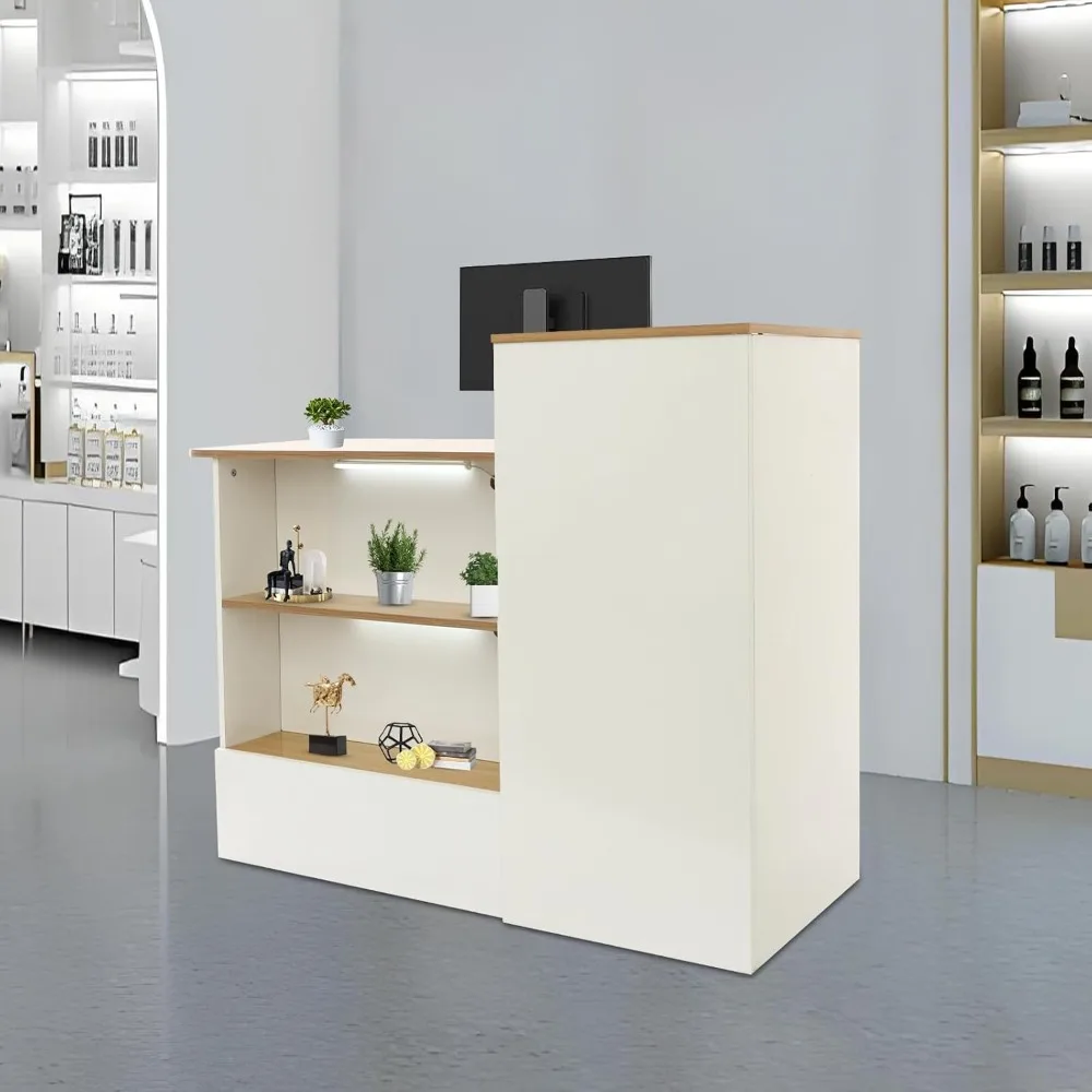 47in Reception Desk with Locking Drawer, Open Shelves & LED Lights for Office Store Restaurant Salon