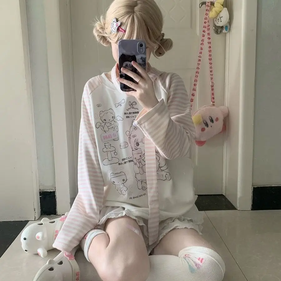 Sweet Kitten Print Graphic Tshirts O-neck Pink Striped Long Sleeve Sweatershirt Female Cute Japanese Y2k Top Aesthetic Ropa 13 S4c48250dae604aeda7b025aea2176b81M