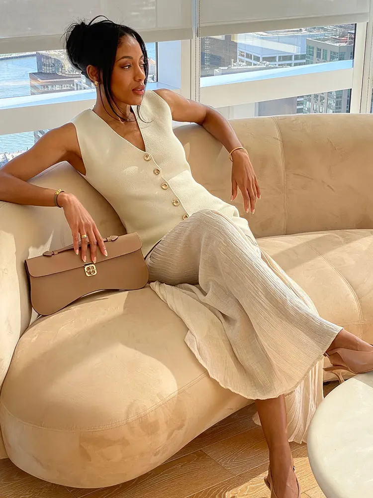 HH Women Fashion Knitted Vest Skirts Sets Single-Breasted V Neck Vests Tops Folded Splicing Midi Skirt Office Lady Suits