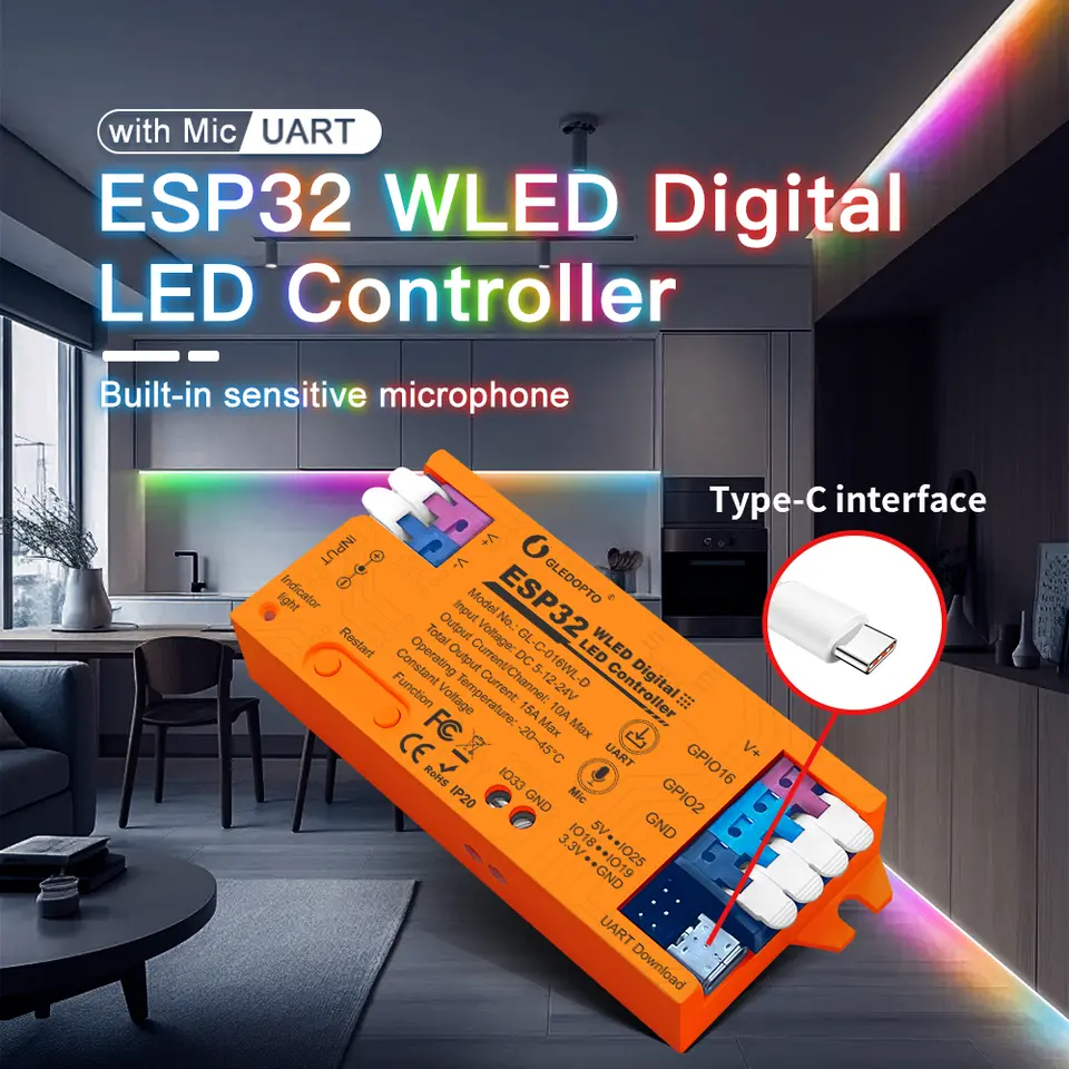 ESP32 WLED LED Strip Controller with MIC Type-C UART DC5-24V 15A 800 LEDs SM16703 PSK6812 WS2811 WS2812B FL19038 Compatible image 1