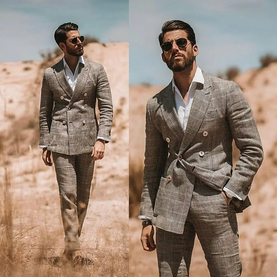 Men's 2-Piece Plaid Suit Double Breasted Peak Lapel Tuxedo Jacket Pants