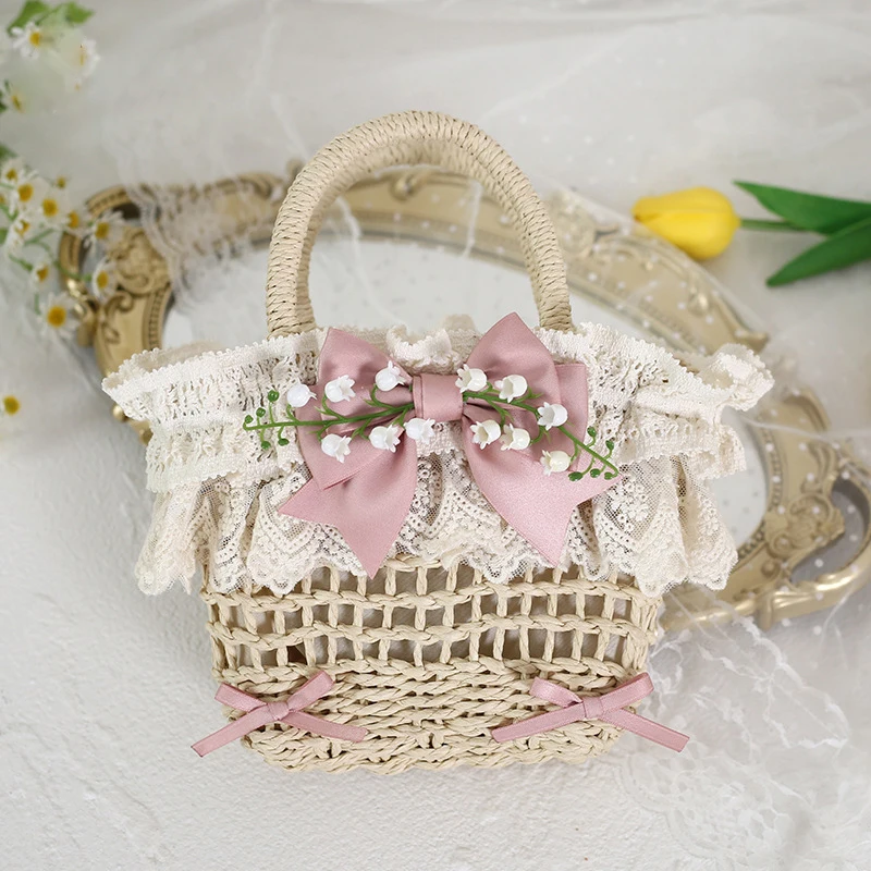 INS Style Coutryside Wheat Straw Handbags For Girls Women Small Handmade Woven Beach Bags With Lace Flower Bags 3