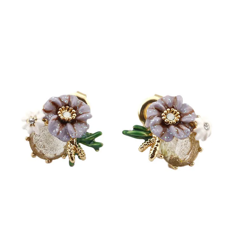 

European and American fashion personality simple purple flower zircon earrings female earrings 925 silver needle jewelry