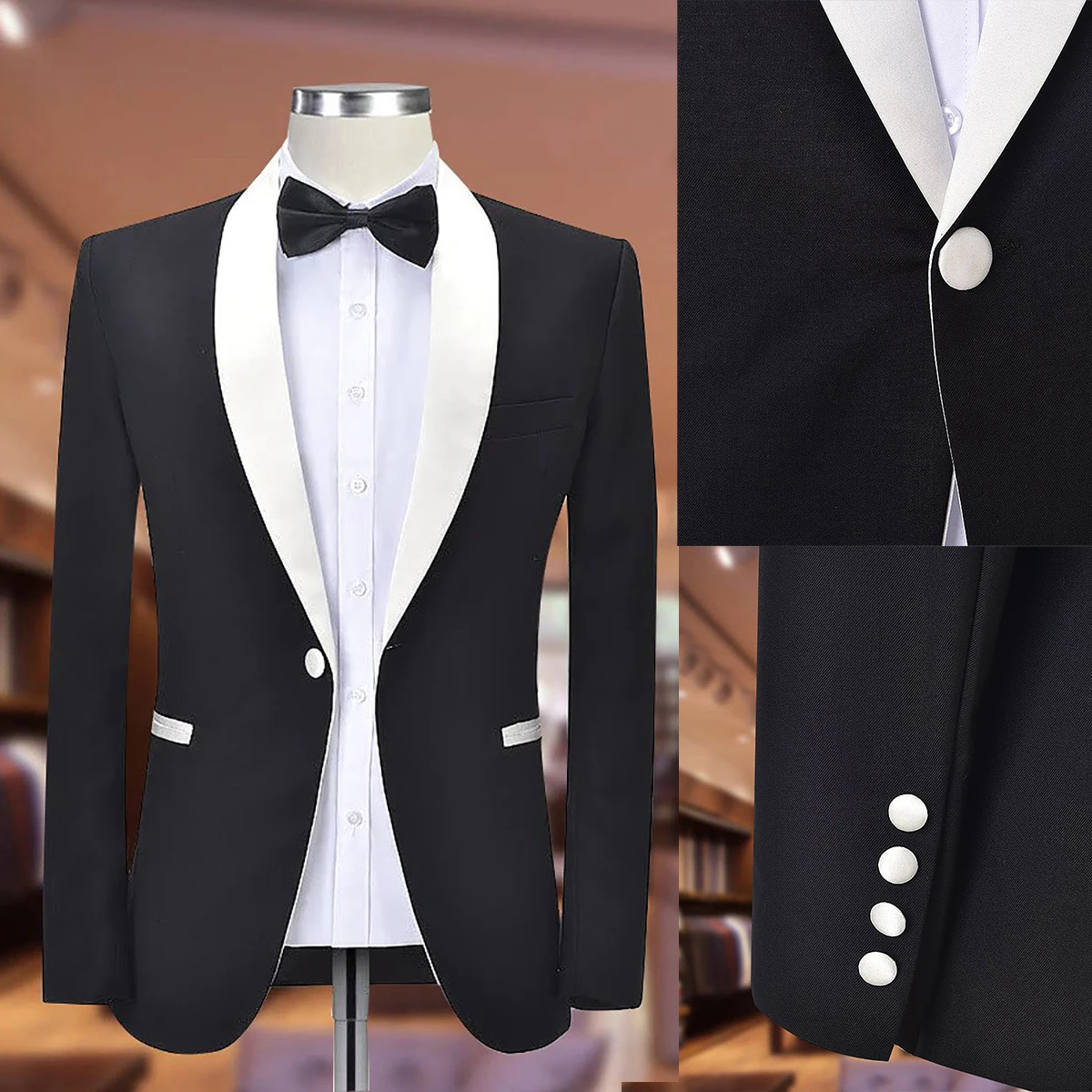 Black Luxury Men Wedding Jacket Shawl Lapel Tuxedos One Button Groom Wear Prom Evening Party Blazer Made Only Coat