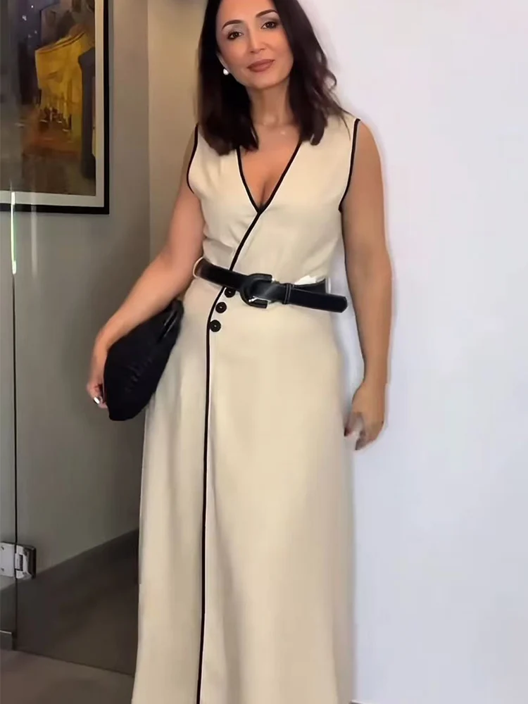 TFMLN 2025 New Women's Belt Midi Dress Fashion V-Neck Sleeveless Female Chic Vintage Summer Dresses Elegant OL Streetwear