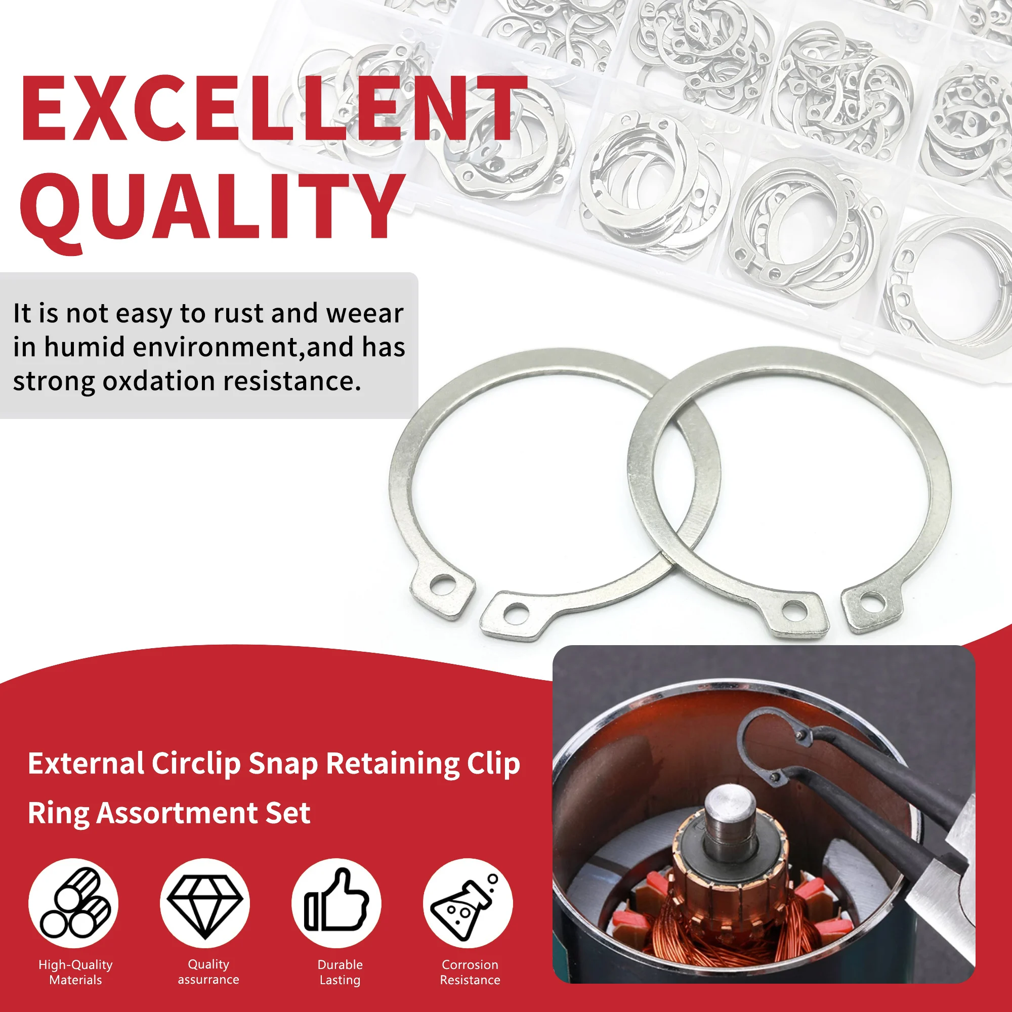 External Retaining Rings Snap Rings Assortment kit 225PCS 304 Stainless Steel External Circlip Snap Retaining C-Clips R