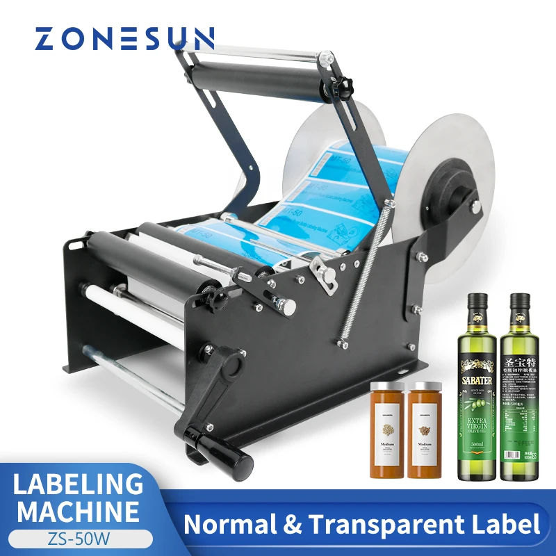 

ZONESUN ZS-50W Manual Labeling Machine Round Water Wine Bottle Jar Packaging Vial Can Jar Label Sticker Tool Juice Cosmetics