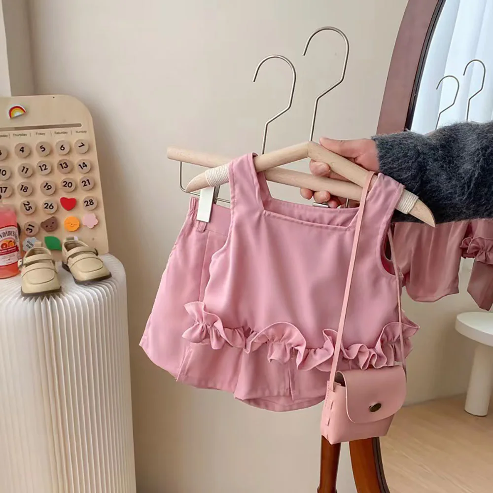 

Summer Kids Girls Clothes Sets Korean Style Sleeveless Camisole Top+Shorts 2Pcs Ruffles T-shirt Children Clothing Suit 1-6Y