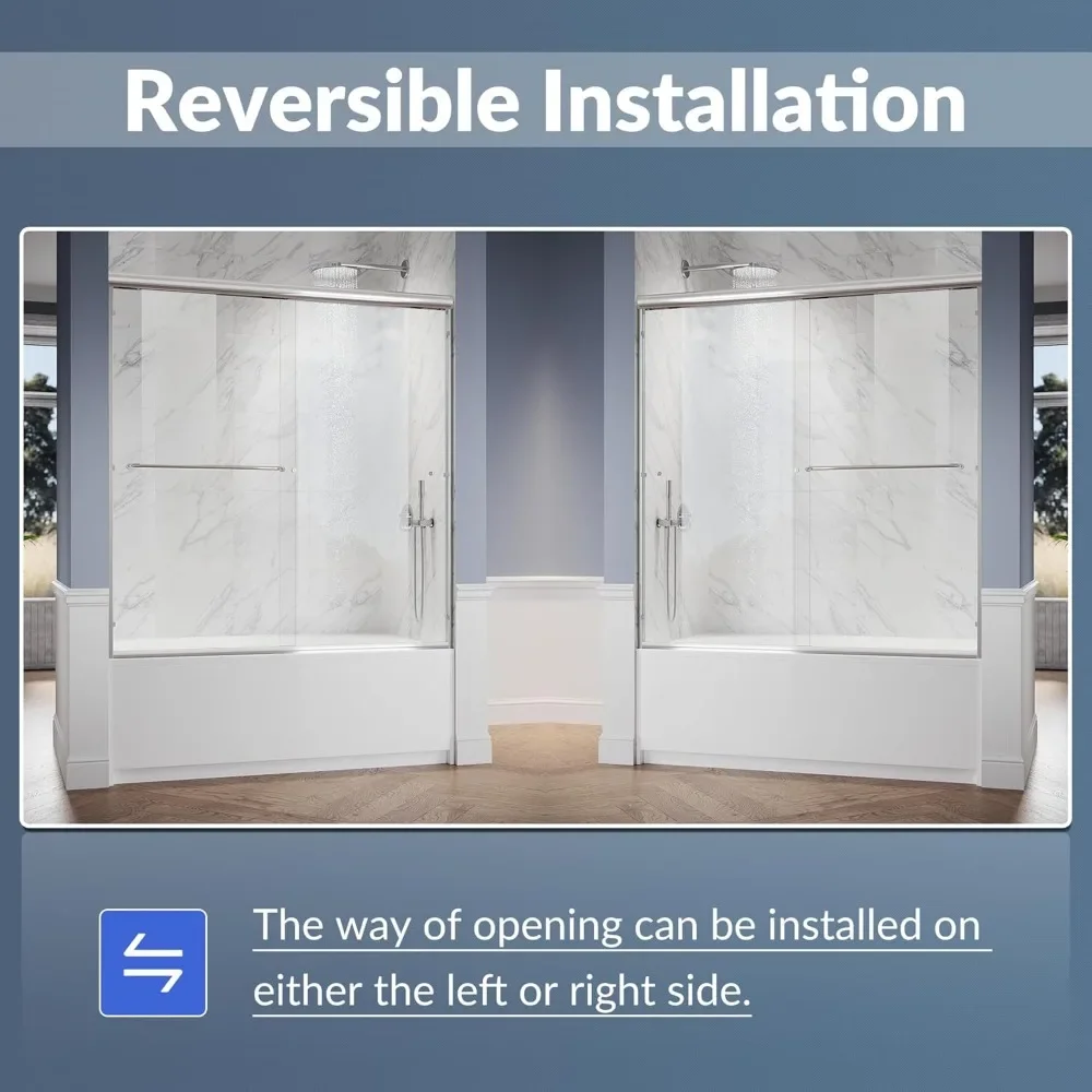 NEW-Bathtub Shower Door 60" W x 62" H Semi-Frameless Double Sliding Design Shower Tub Door 1/4" Clear Glass Panel, Chrome Finish