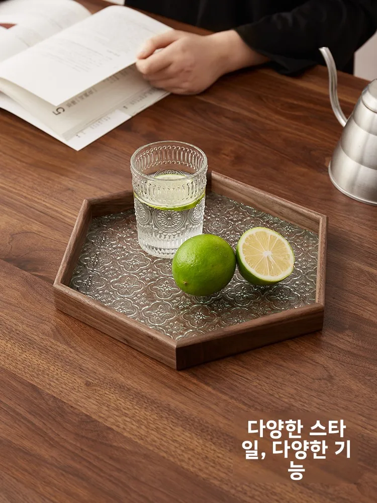 레트로 작약 무늬 유리 트레이 호두나무 차 트레이 컵 보관함 과일 세척 칫솔 트레이 직사각형 홈데코 중국풍