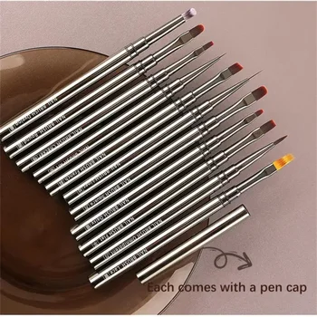 1/12Pcs Nail Art Brush Metal Handle Nail Liner Brush Stripe Pattern Painting Brush Acrylic UV Gel Extension Drawing Carving Pen 1