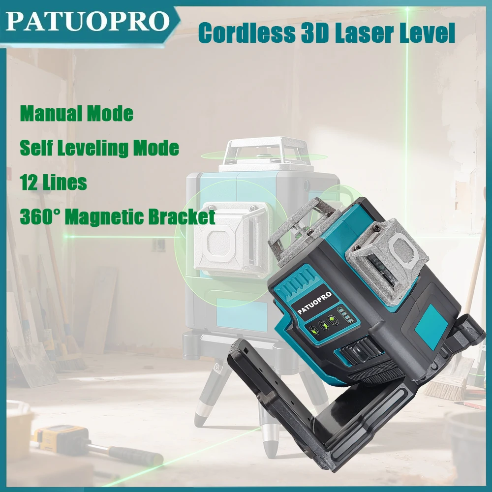 PATUOPRO cordless 3D laser level 12 lines 360 degree vertical level meter self leveling manual 2 modes power tool for Makita 18V battery