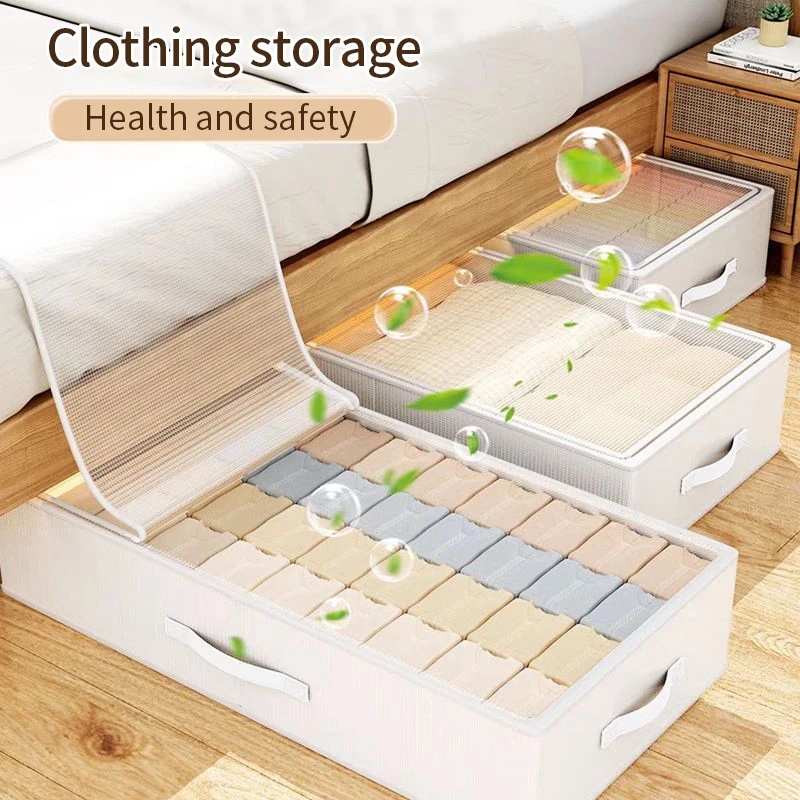 Beige Clothes Storage Bag Cotton linen Wardrobe  Quilt Clothing Organizer  Underwear Sock Box with Transparent Dust Cover 2
