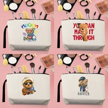 

2022 Hot Selling Cartoon Makeup Storage Bag Ladies Change Canvas Teddy Bear Pattern Printing Carrying Rope Beige Pencil Case