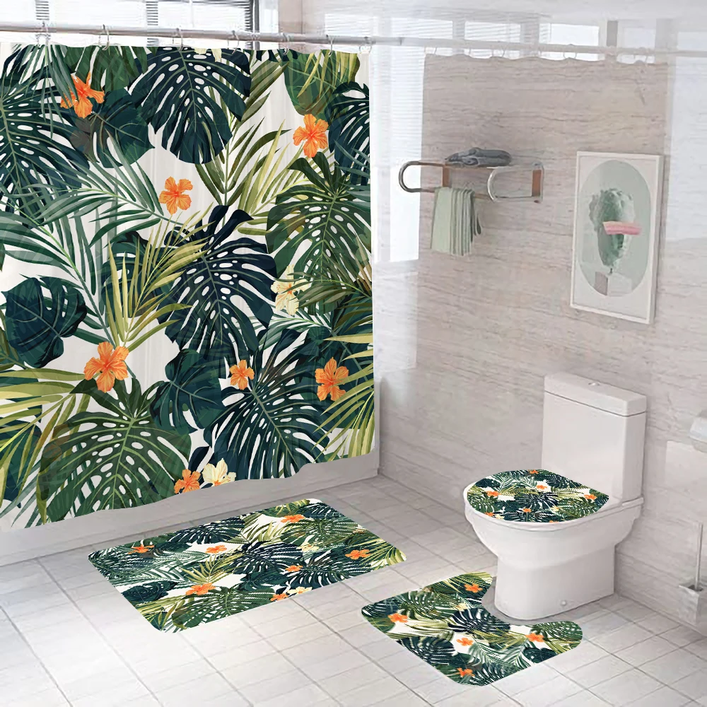 Set Di 4 Tende Da Doccia Bohémien Floreale - Con Tappeti E Copriwater - Decorazione Bagno Moderna