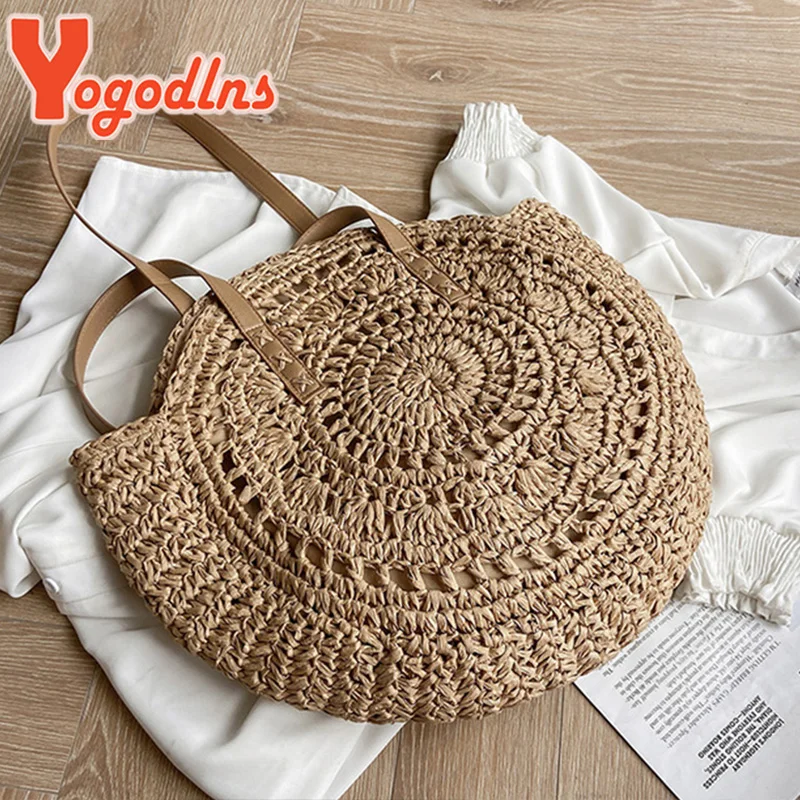 Yogodlns Summer Round Straw Bag For Women Hollow Woven Travel Beach Bag Large Capacity Shoulder Bag Casual Shopping Handbag Tote