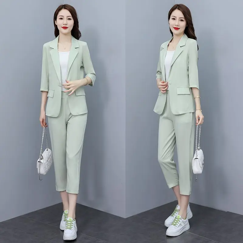Korean Style Thin Jacket Blazer Casual Pencil Pants Two-piece Elegant Women's Pants Set Summer Office Outfits Clothing
