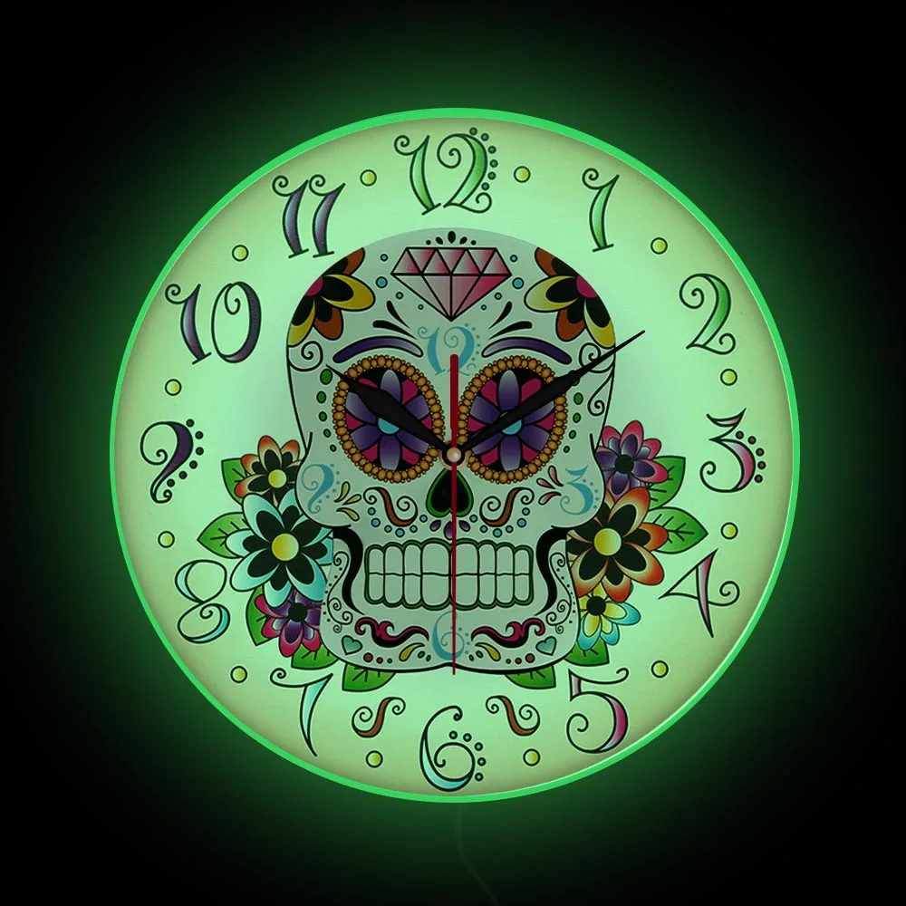 

Day of The Dead Sugar Skull LED Lighted Wall Clock For Halloween and Dia De Los Muertos Home Decor Illuminated Nightlight Clock