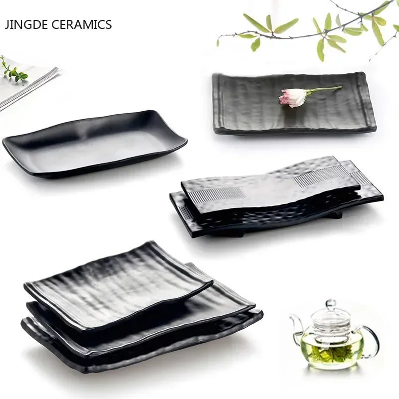 Barbecue Plate Black Scrub Striped Barbecue Meat Sushi Plate Melamine Kitchen Cutlery Korean Cuisine Saury Fruit Dessert Sushi Storage Plate
