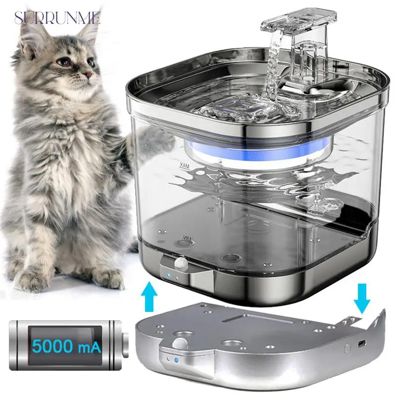 Surrunme Automatic Smart Cat Water Dispenser Wireless Separate Water Battery Power Stainless