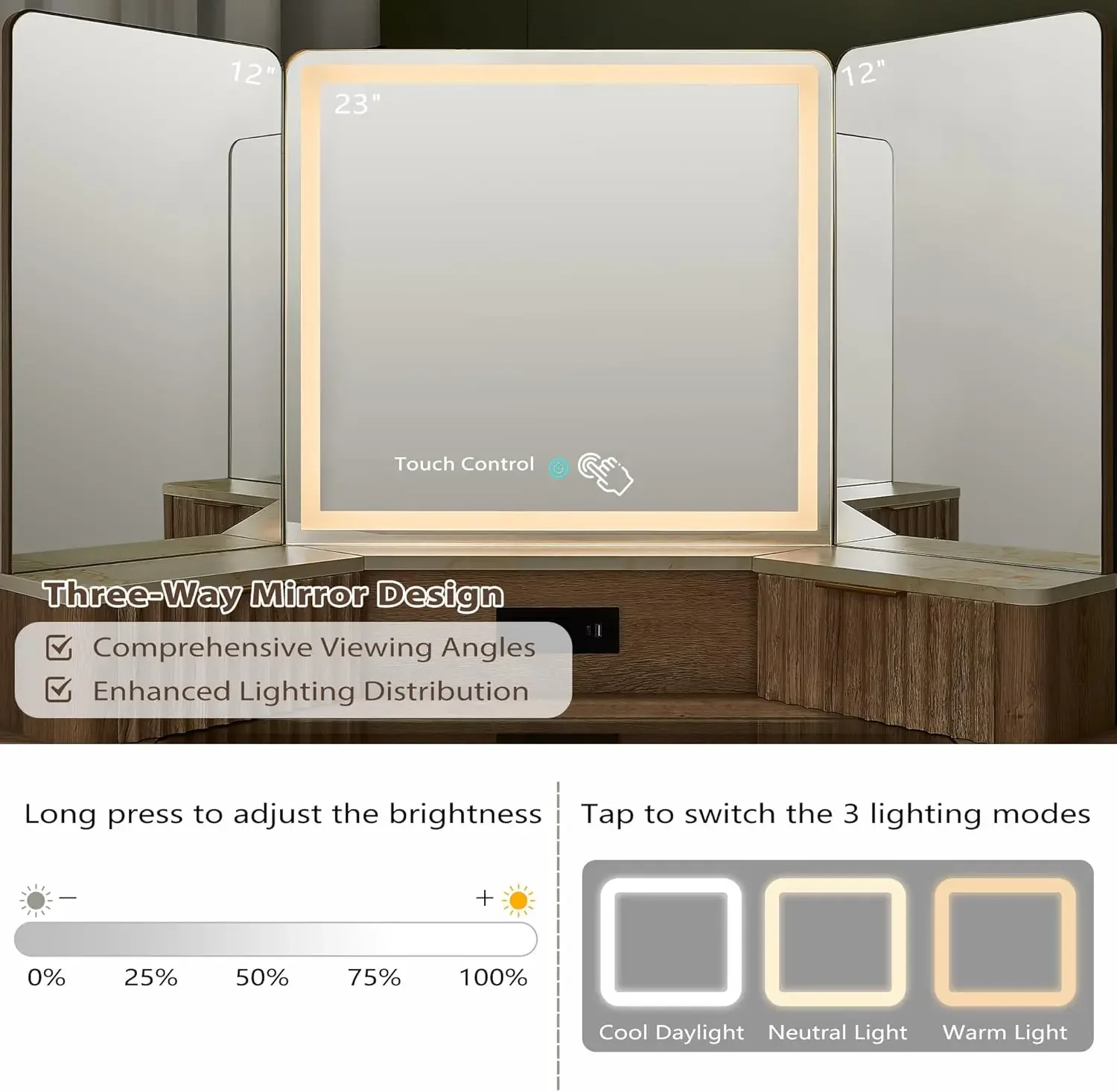 Vanity Desk with 3 Way Mirror and Lights, 48" Large Corner Vanity Table with Glass Top,Storage Cabinets & Shelves, Natural Oak 3