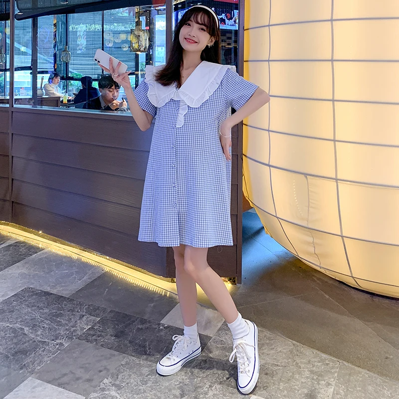 Blue 2024 Summer Maternity Clothes Ruffled Large Peter Pan Collar Short Sleeve Pregnant Woman A-Line Dress Pregnancy Plaid Dress