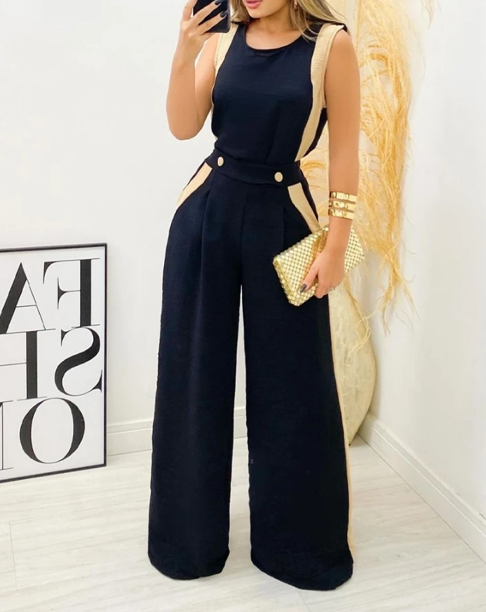 Women's Suit 2024 Spring/summer Latest Casual Round Neck Sleeveless Contrast Paneled Tank Top&daily Versatile Wide Leg Pants Set women s dress 2024 new fashion casual hollow split sleeve mock neck skinny dress elegant contrast paneled dress