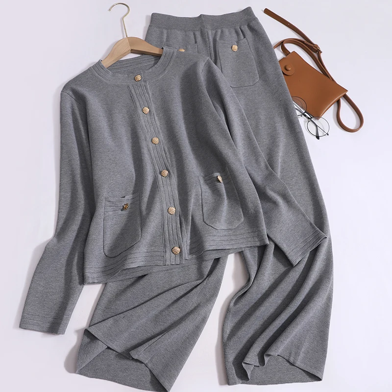 

Women's Round Neck Button-Down Long-Sleeved Top and Pocket Wide-Leg Trousers, Casual Knitted 2-Piece, Autumn and Winter Fashion