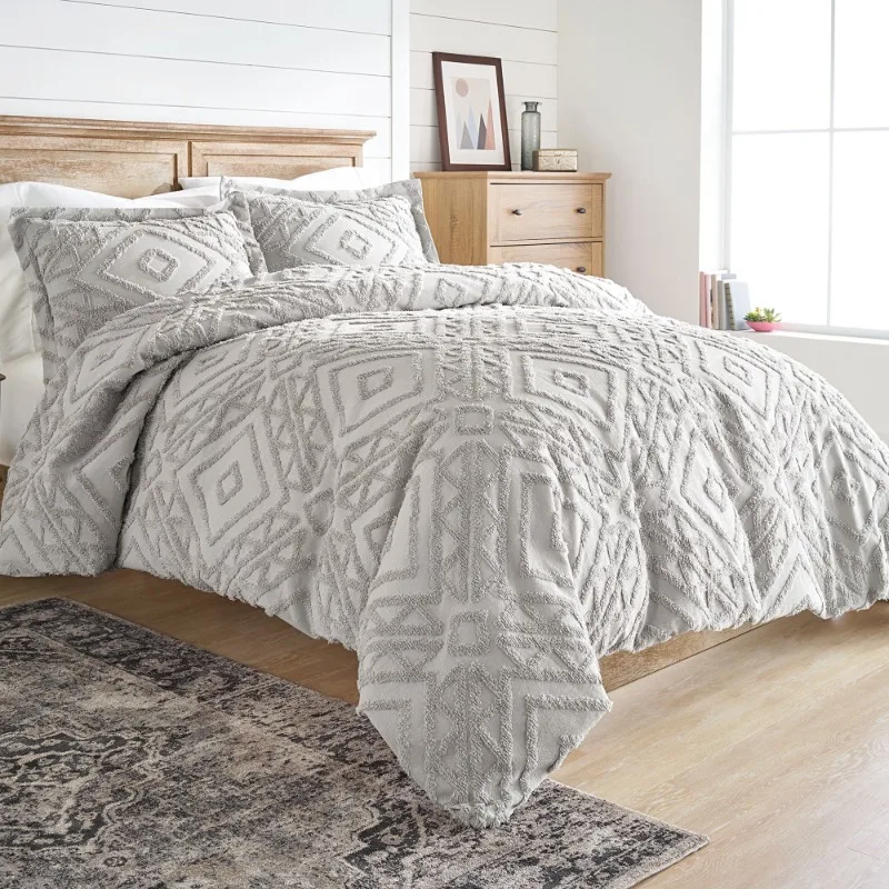 

3-piece Gray Chenille Duvet Cover Set, bedding set comforter bedding sets queen set duvet cover set cotton bedding