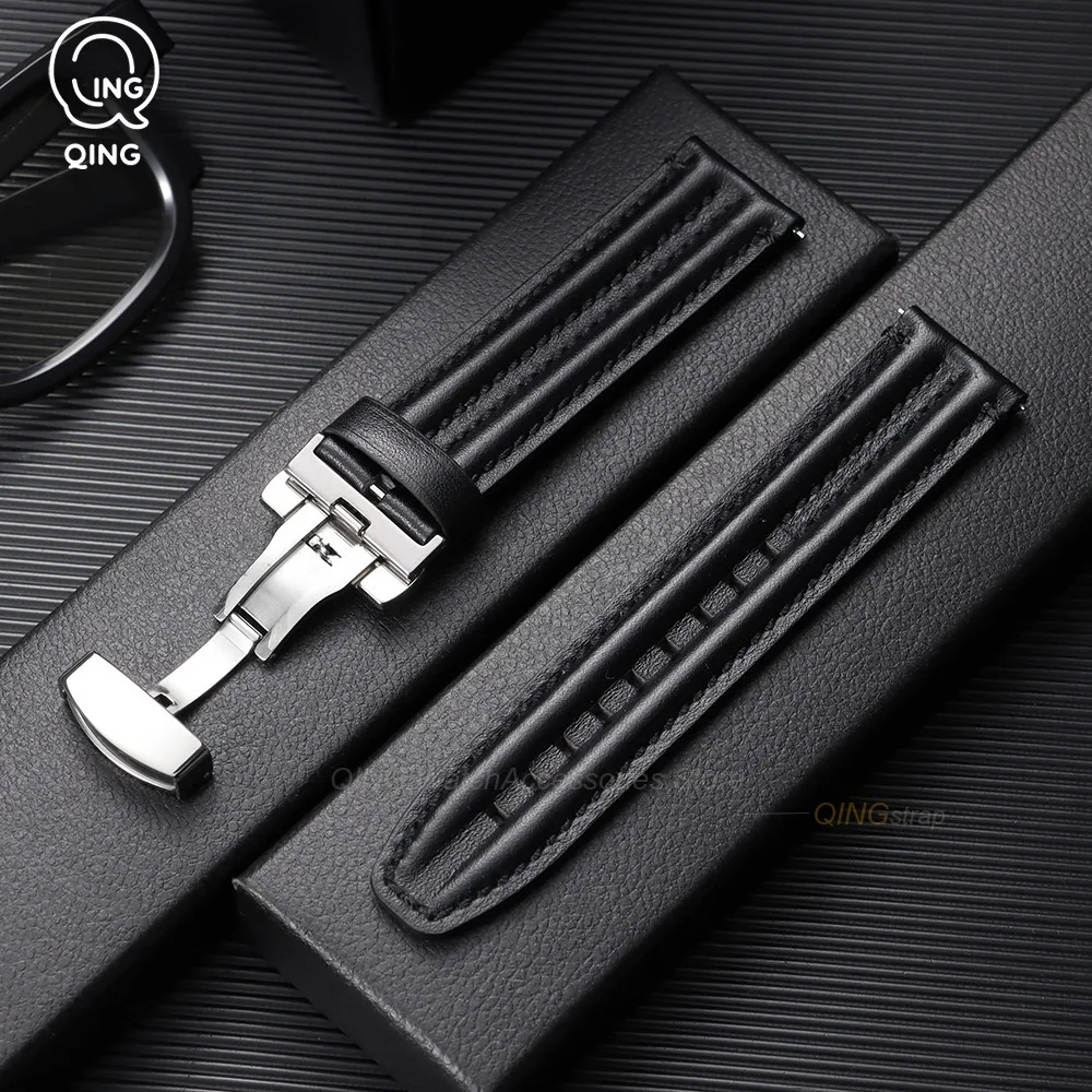 Premium Leather Butterfly Clasp Watch Strap - Waterproof Retro Design with Quick Release