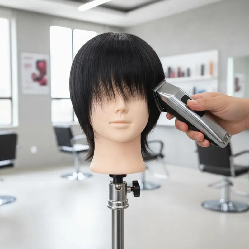 Testa di manichino con capelli umani veri, capelli corti neri, perfetta per la pratica di parrucchieri, strumento per lo styling e la bellezza. - immagine 2