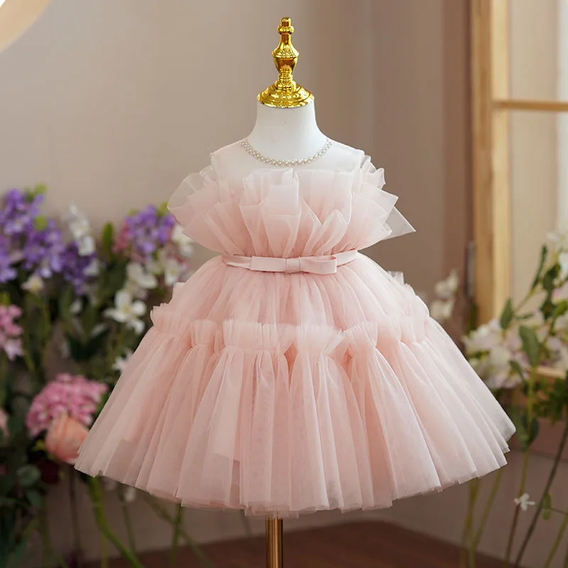 

Little Girl Fairy Princess Dresses Birthday Party Pink Tulle Layers Dress Sleeveless Prom Gown Elegant Kids Wedding Clothes