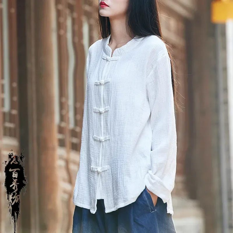 

White Cotton Linen Women Shirt Traditional Chinese Ethnic Retro Girls Blouse Female Flax Cardigan Loose Vintage Ladies Tops