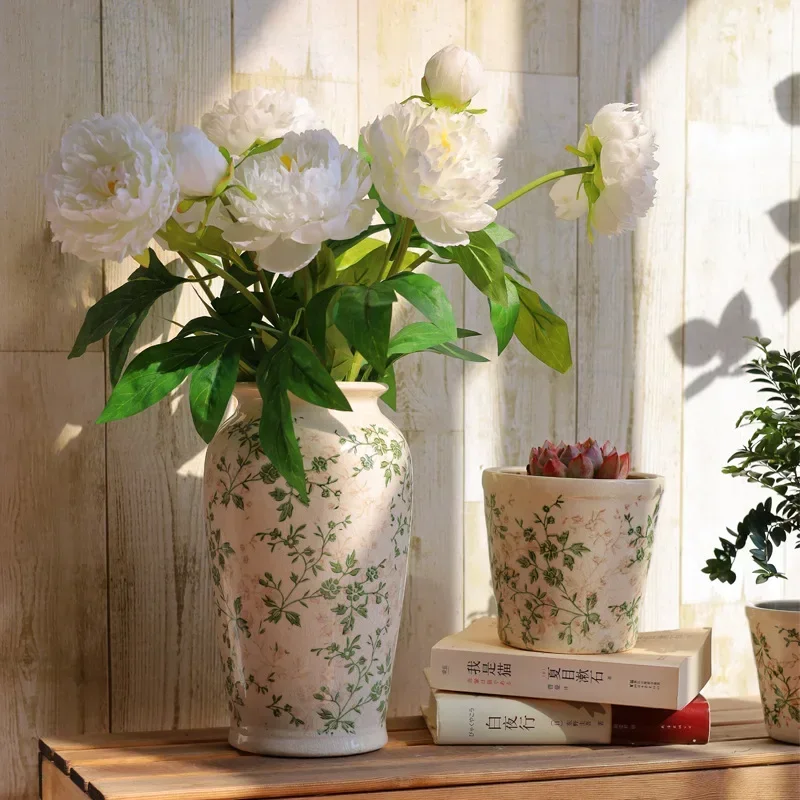 

Vintage Ceramic Vase Green Floral Ice Crack Vase Green Plant Fleshy Flower Pot Simple Flower Pot Home Decoration