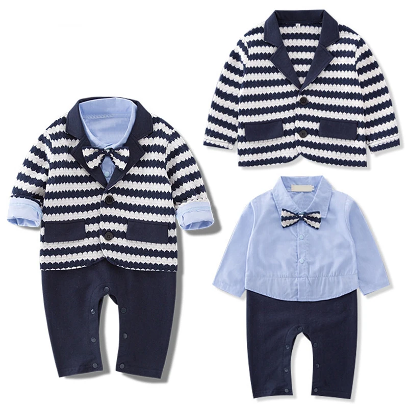 

2Piece Sets Spring Newborn Boy Clothes Korean Fashion Gentleman Stripe Coat+Jumpsuit Baby Rompers Boutique Kid Clothing BC1157