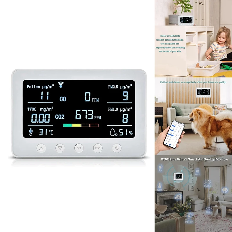

Wi-Fi монитор качества воздуха обнаруживает пыльцу/TVOC/CO/CO2/PM2.5/1,0/Temp/RH, контроллер Iot, регистратор данных RS485