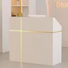 Reception Desk with Counter, Modern Front Table Equipped Lockers & Storage Shelves, 48-inch Checkout Counter with DIY Stripe 1