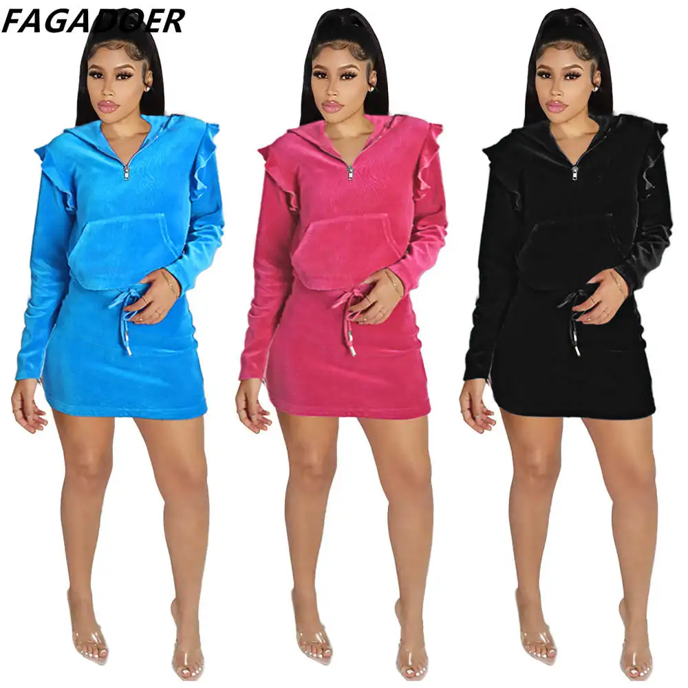FAGADOER Fall Winter Ruffle Design Two Piece Set Women Zipper Hooded Pocket Top And Mini Skirts Outfits Casual Velvet 2pcs Suits