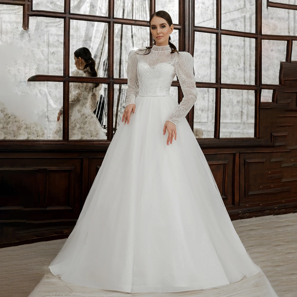 

Marvelous High Sequins Glitter Tulle Wedding Dresse Long Sleeves A-line Wedding Gowns Court Bridal Gown vestido de novia