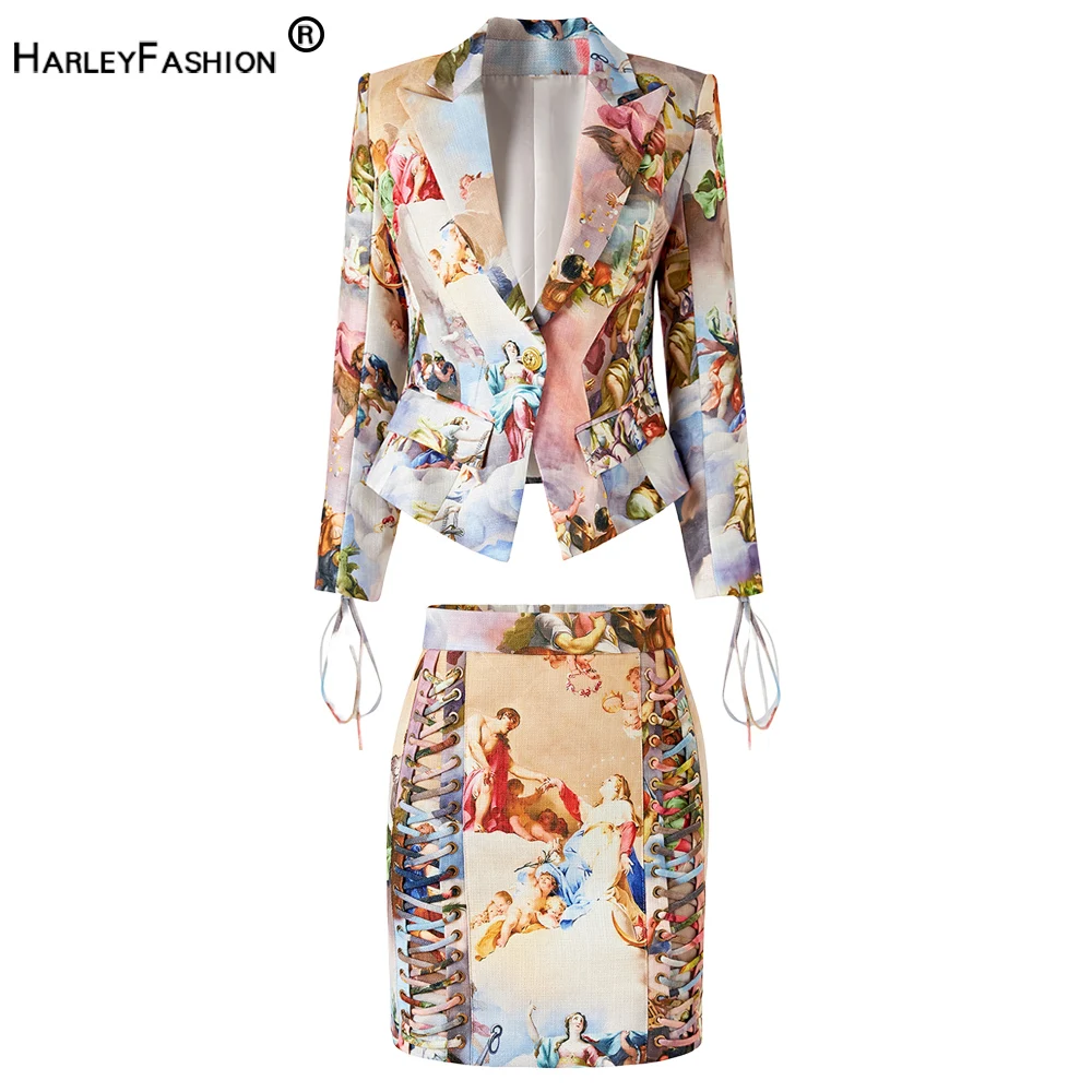 

European Vintage Design Angles Character Pattern Linen And Cotton Printing Retro Bodycon Lace-Up 2 PCS Skirt Blazer Sests