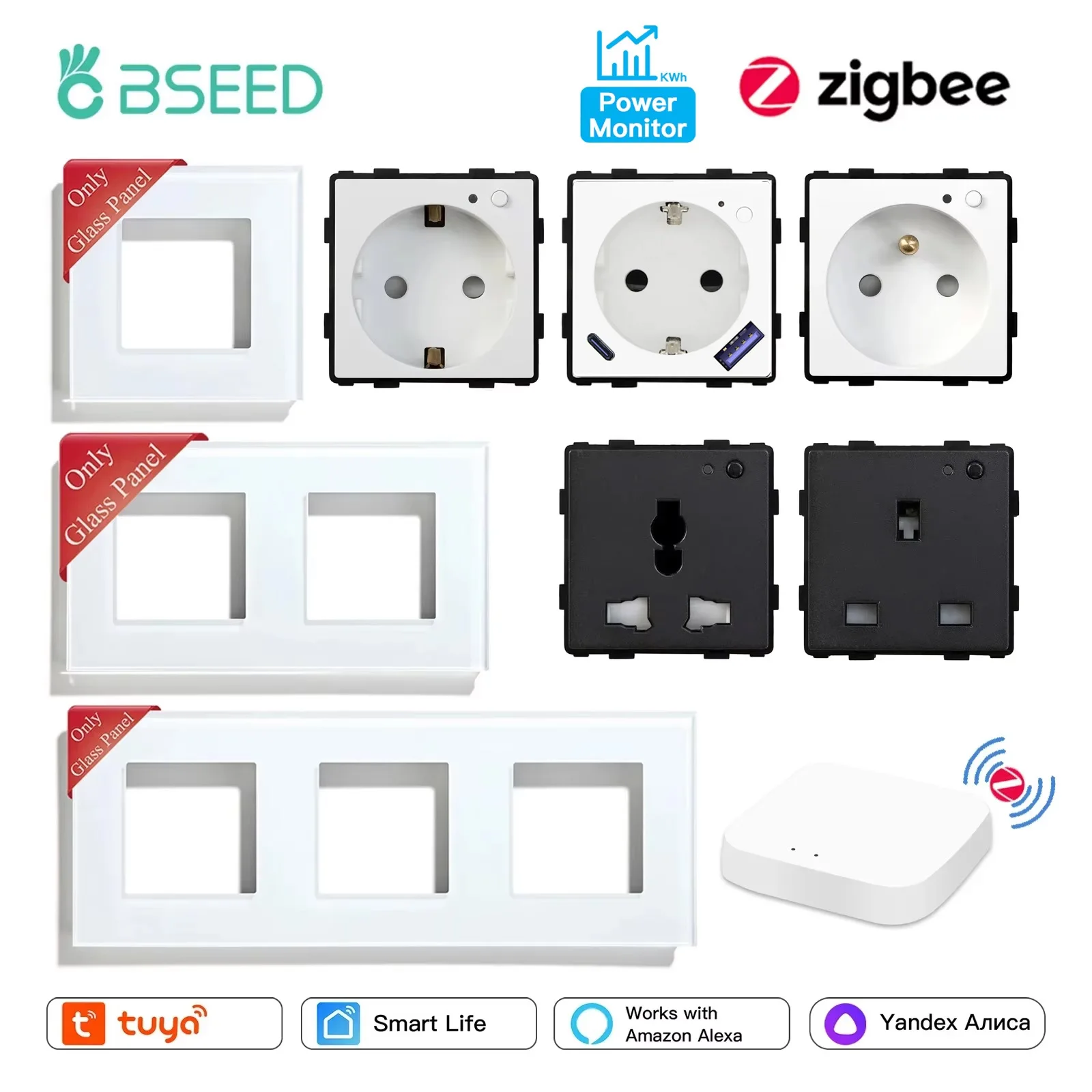 BSEED Zigbee EU/FR/UK/ Universal Smart Wall ปลั๊กฟังก์ชั่นปลั๊กอะไหล่ Power Monitor กรอบกระจกชิ้นส่วน DIY ฟรีรวม 1
