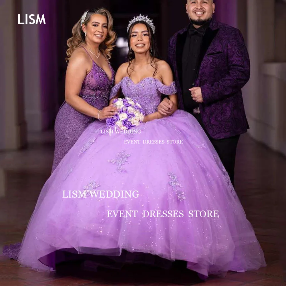 

LISM милое фиолетовое платье 15 Quinceanera с кристаллами с открытыми плечами блестящее ТРАПЕЦИЕВИДНОЕ бальное платье для девушек на день рождения женское платье 2024