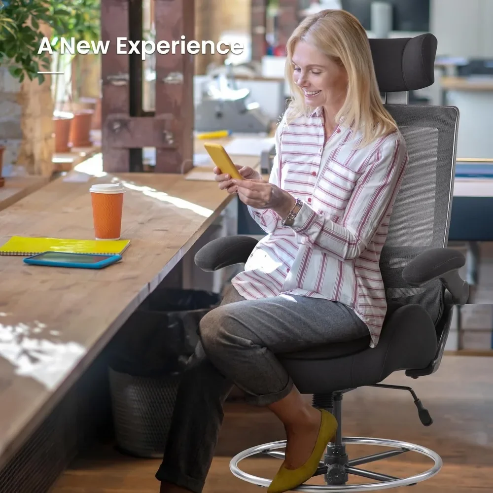 NEW-400lbs High Back Computer Office Drafting Chair Flip up Armrests Lumbar Support Adjustable Big Footrest Ring (Black)