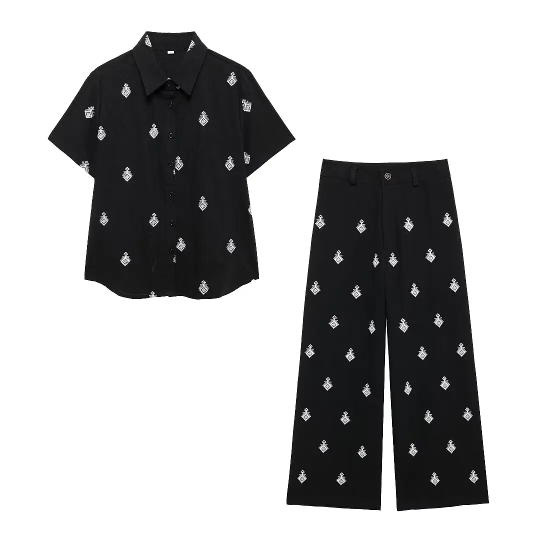 thumbnail image 1 of HH TRAF Conjunto de 2 piezas de verano para mujer, camisa elegante de manga corta con cuello vuelto en contraste y pantalón ancho con botones y bordado para mujer, 1 of 4