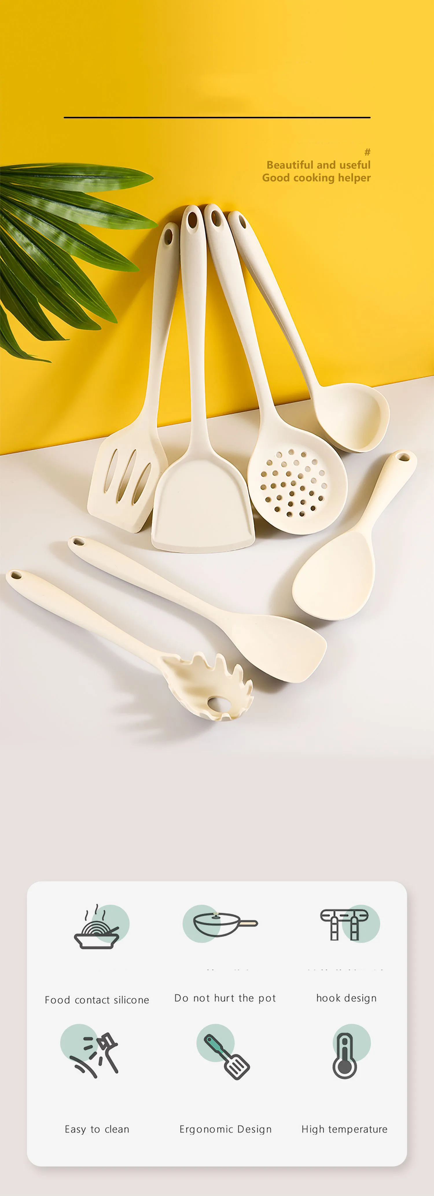 Description Picture 3 of itemHeat Resistant Silicone Cooking Utensil Set White Spatula Soup Spoon Brush Ladle Pasta Colander Non-stick Cookware Kitchen Tools